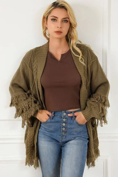 Cable-Knit Fringe Pocketed Cardigan