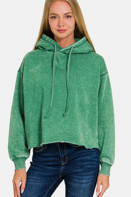 Zenana Acid Wash Fleece Cropped Hoodie🇺🇸Fast Shipping🇺🇸