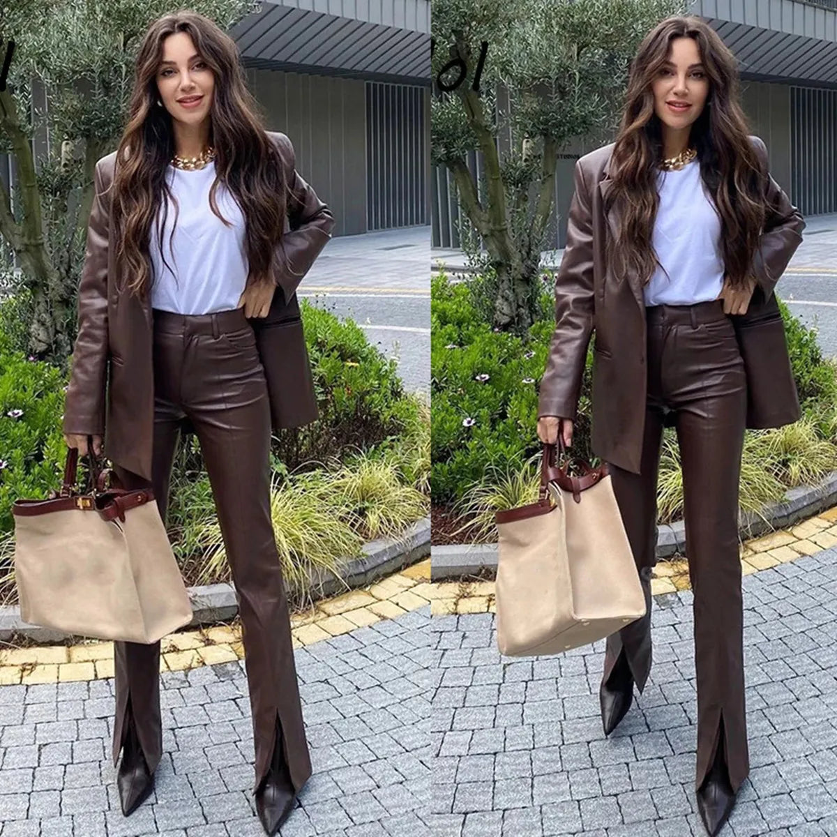 Leather Brown Blazer Suits 2 Pieces Slit PU Pants Streetwear Casual Daily Jacket Single Breasted Chic Custom Made Blazer