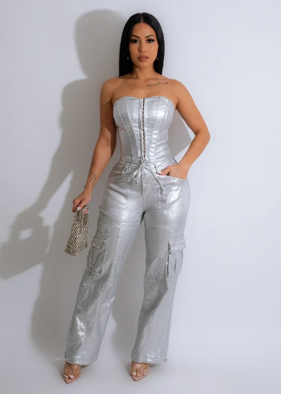 You Arrived Metallic Cargo Pants Silver