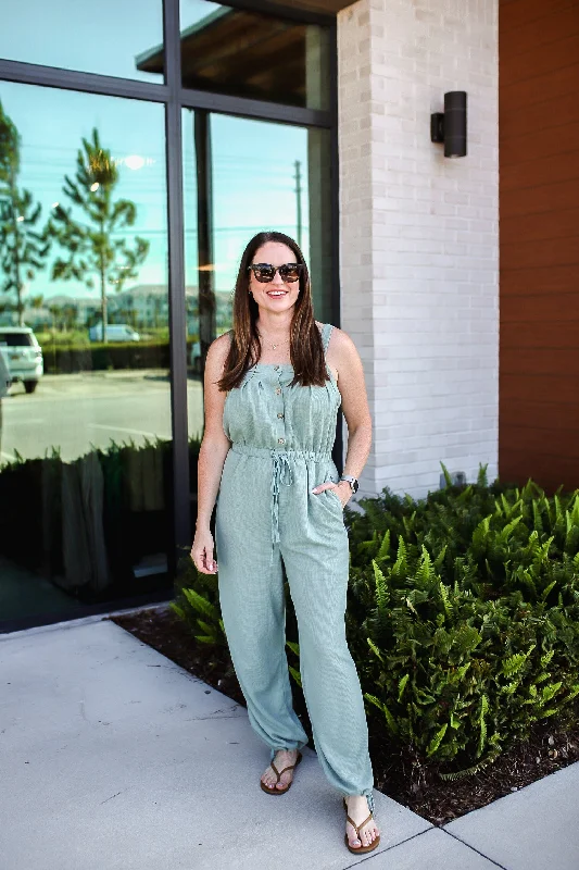 Drawstring Wide Strap Wide Leg Overalls - Sage