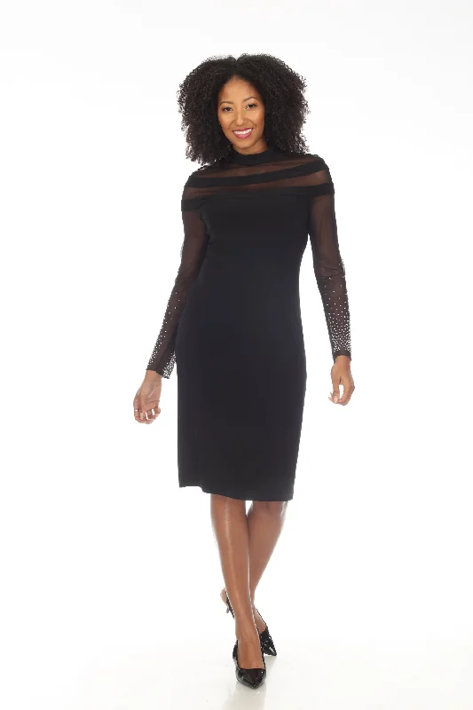 Joseph Ribkoff Black Embellished Mesh Insert Long Sleeve Sheath Dress 234704