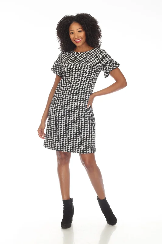 Joseph Ribkoff Black/Off-White Houndstooth Ruffled Sleeve Shift Dress 234099