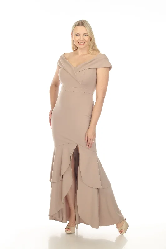 Joseph Ribkoff Latte Off-Shoulder Tiered Hem Evening Dress 233772