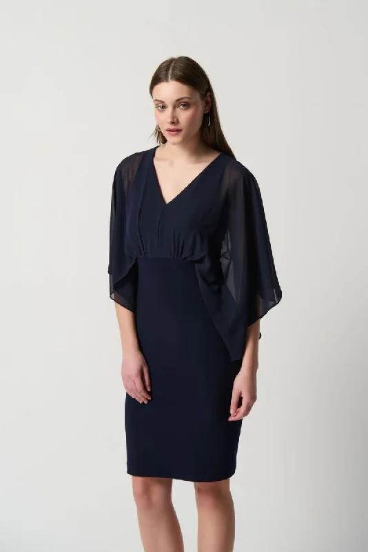 Joseph Ribkoff Midnight Blue Draped Chiffon Sleeve Sheath Dress 234009