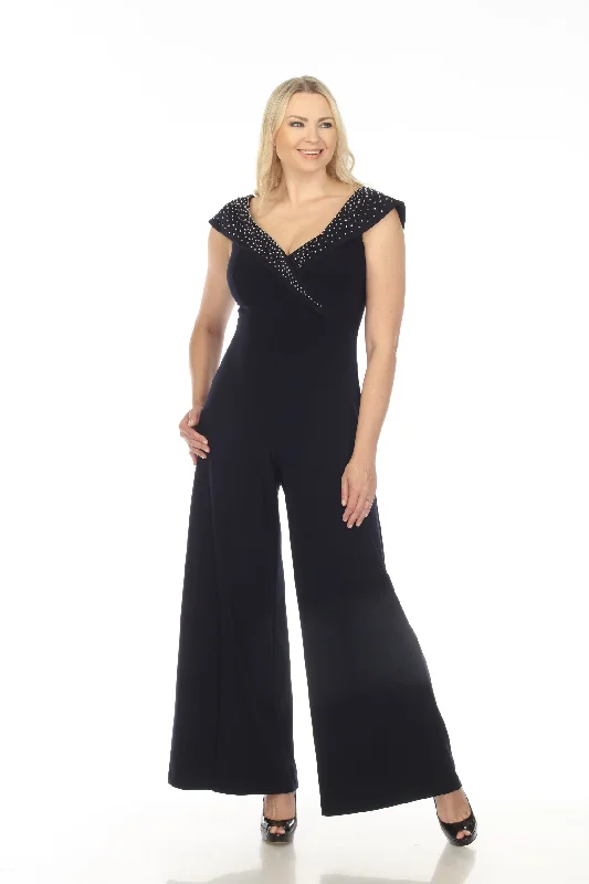 Joseph Ribkoff Midnight Blue Embellished Off-Shoulder Wide Leg Jumpsuit 233736