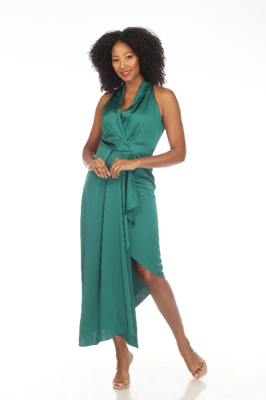 Joseph Ribkoff True Emerald Green Halter Satin Asymmetric Cocktail Dress 234718