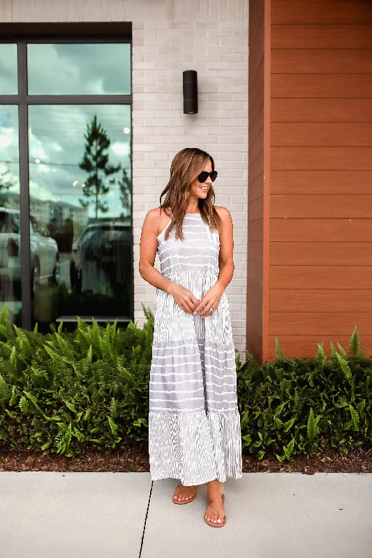 Tiered Striped Sleeveless Cami Dress - Gray