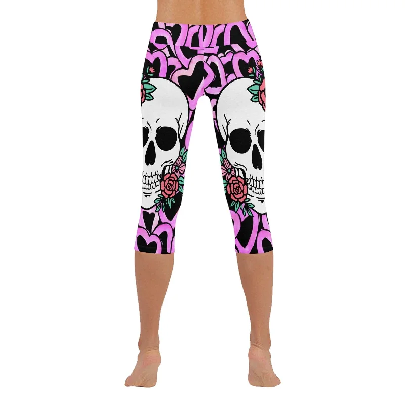 Our Skulls Floral Pink Hearts Women's Low Rise Capri Leggings Are Perfect For Any Occasion