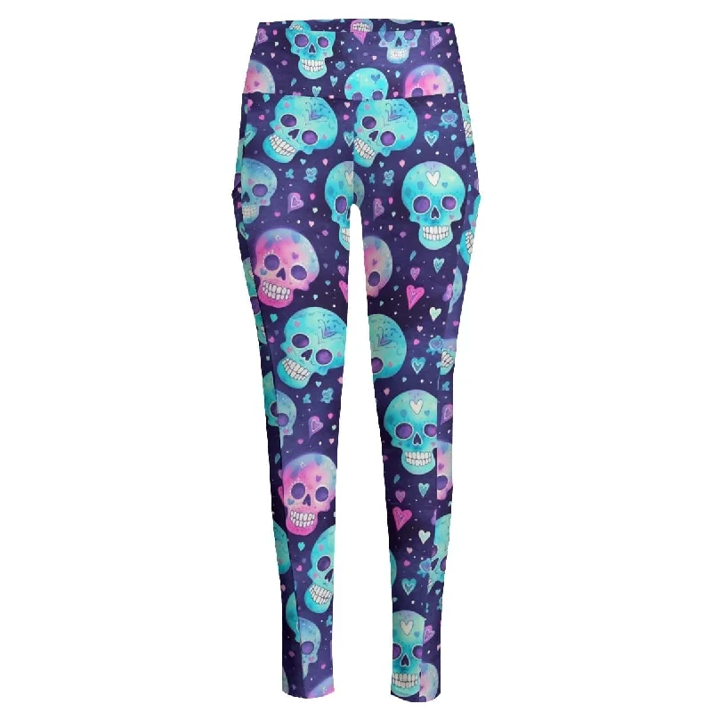 Women's Blue Skulls Hearts High Waist Leggings With Side Pocket